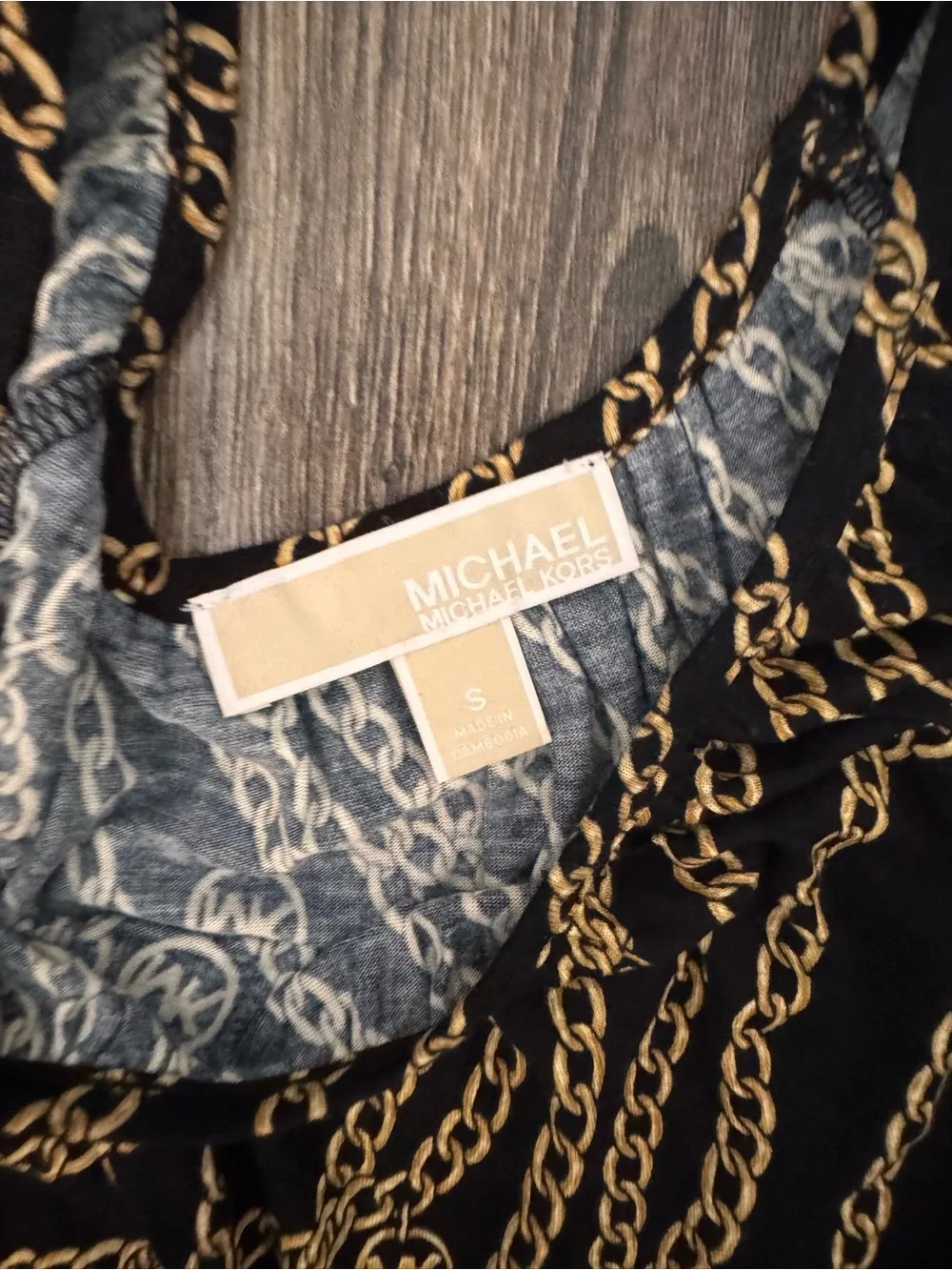 Michael Kors Black Top with Gold Chain & MK Logo Print
